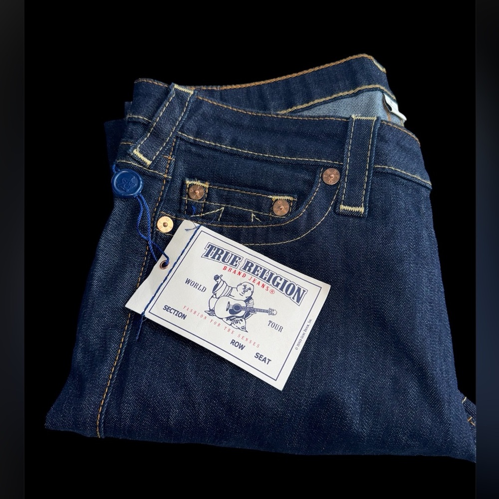 True Religion Blue Jeans with Gold Stitching and Metal Rivets